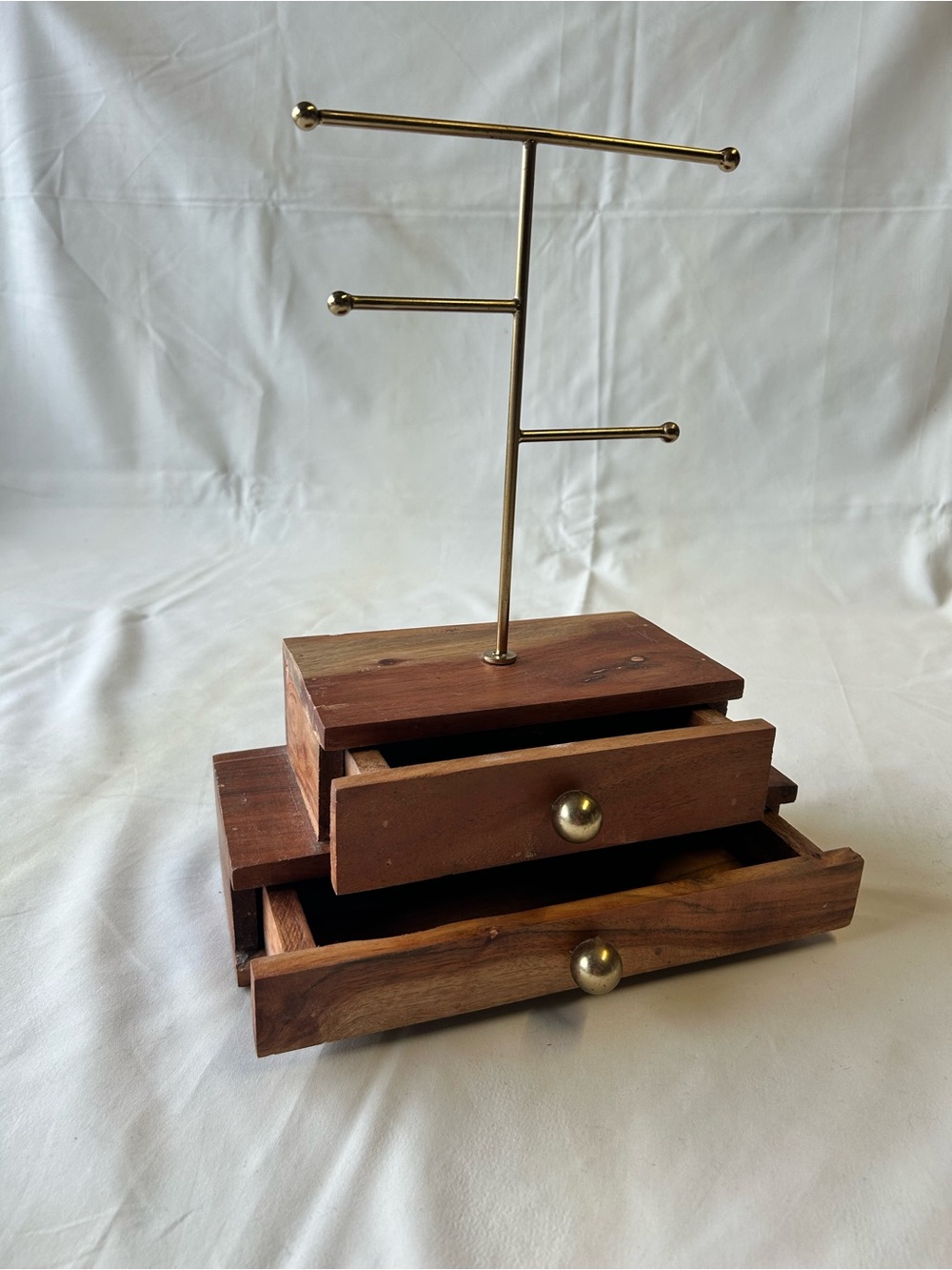 Wood Jewelry Organizer with Brass T-Bar and Drawers - Brown